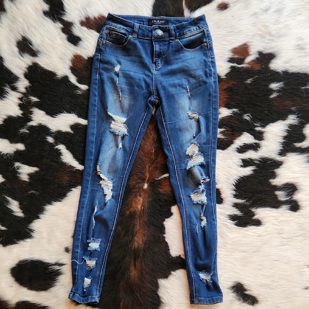 Enjean Distressed Skinny Jeans - Blue